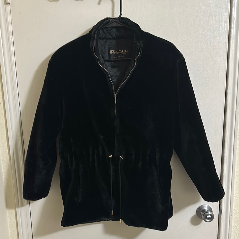 Vintage St. John Collection by Marie Gray Faux Fur Zip Cinched Waist Jacket